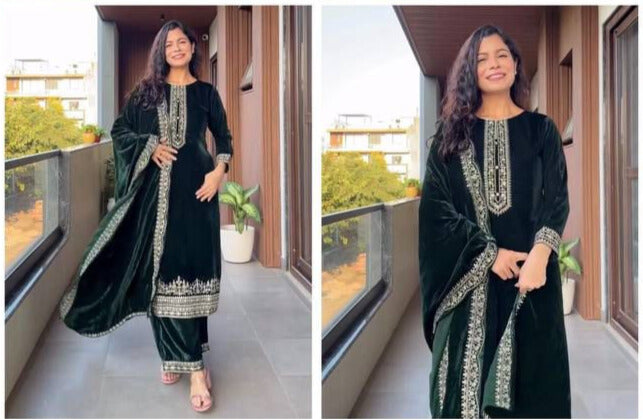 velvet cording sequence embroidery work party wear suit