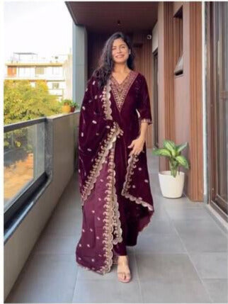 velvet cording sequence embroidery work party wear suit