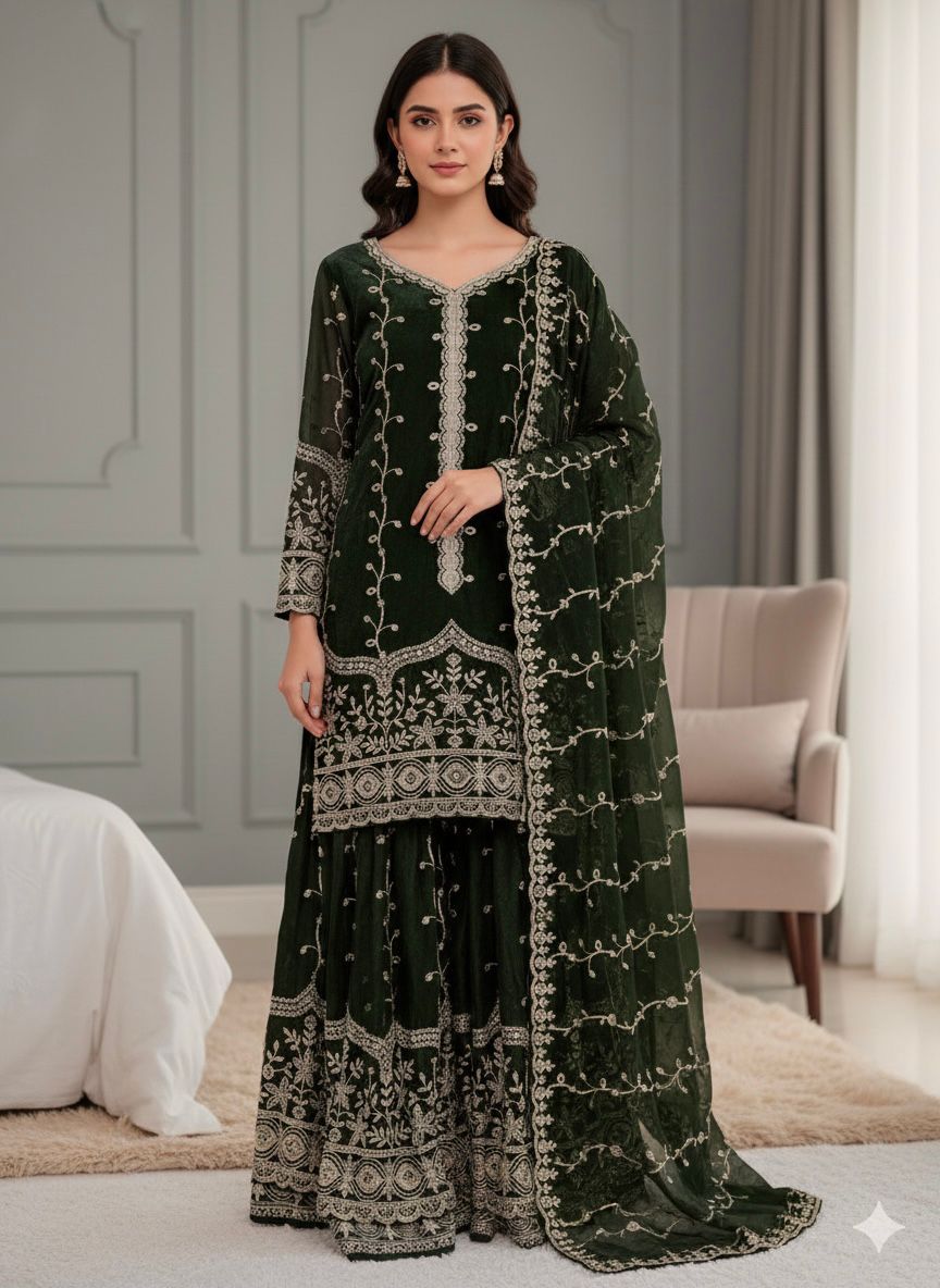 Pure Fendy Silk Embroidered Kurta & Palazzo Set with Heavy Sequin Work Dupatta