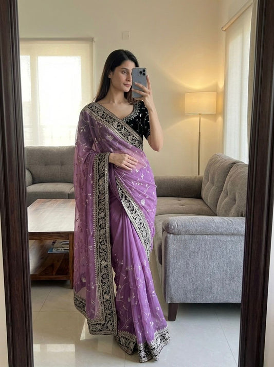 Moss Silk Saree with Zari & Sequins Embroidery work with velvet lace border