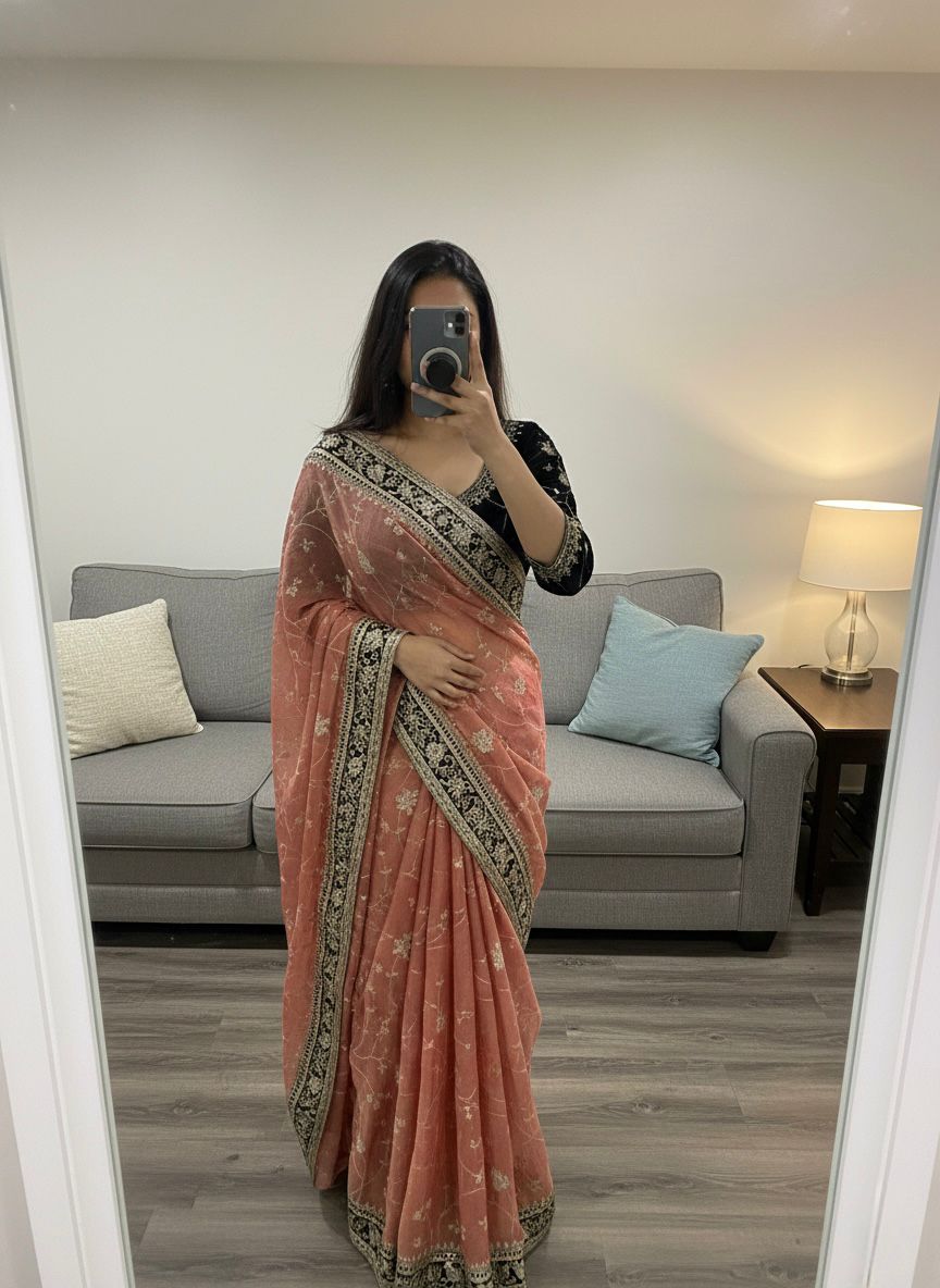 Moss Silk Saree with Zari & Sequins Embroidery work with velvet lace border