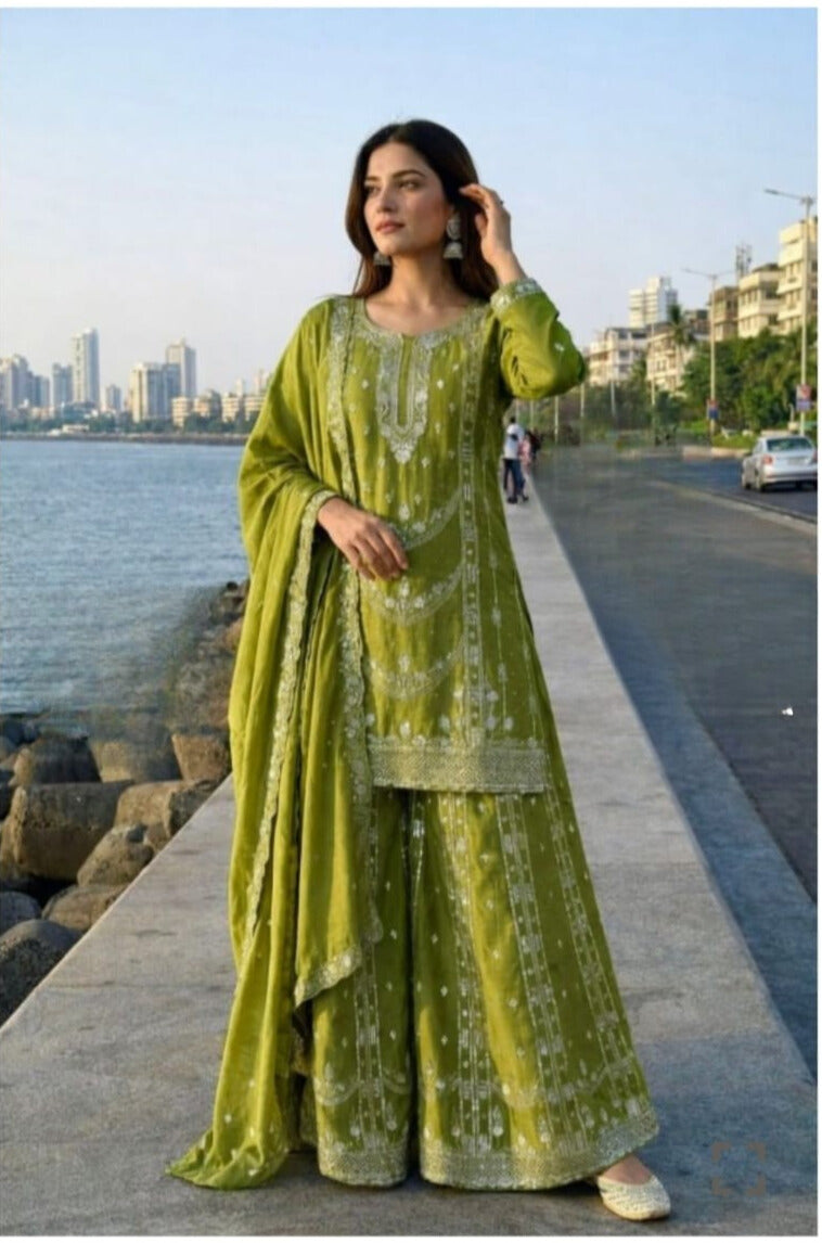 Chinon Silk Sharara Suit with Sequin Embroidery Work