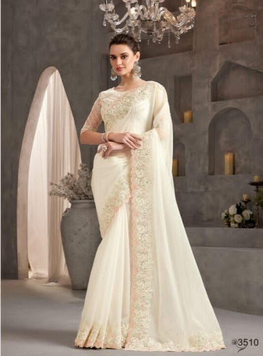 Shimmering Silk Georgette Fabric Lace Border Work Chiffon Saree