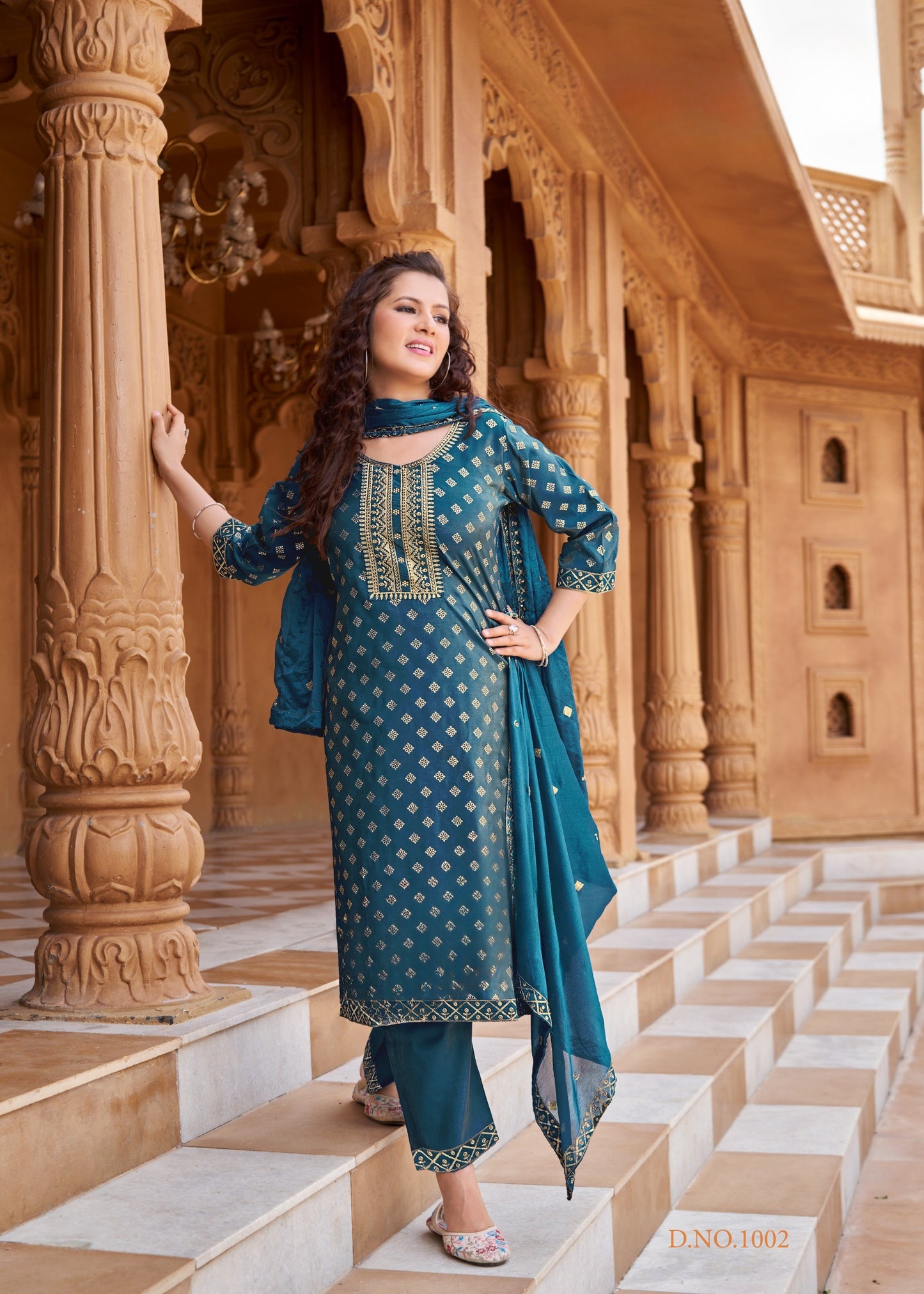 Pure Viscose Simmer Roman Embroidered Kurta with Gold Print Dupatta and Pant