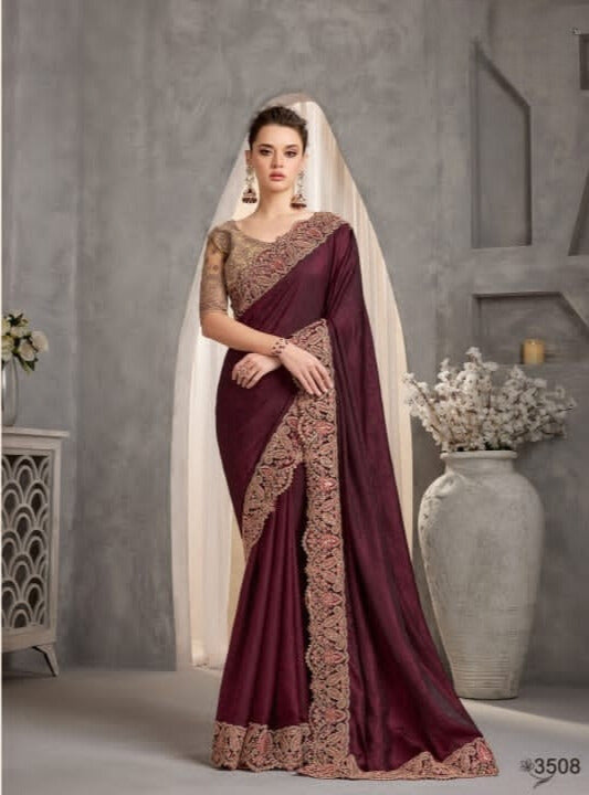 Shimmering Silk Georgette Fabric Lace Border Work Chiffon Saree