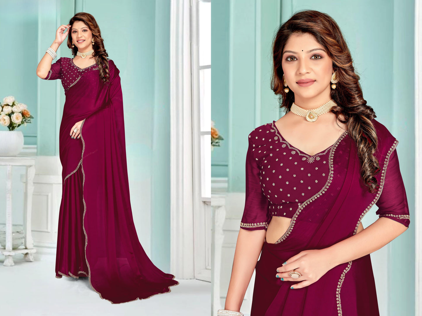 Designer Stone Work & Embroidered Zircon work Silk Saree