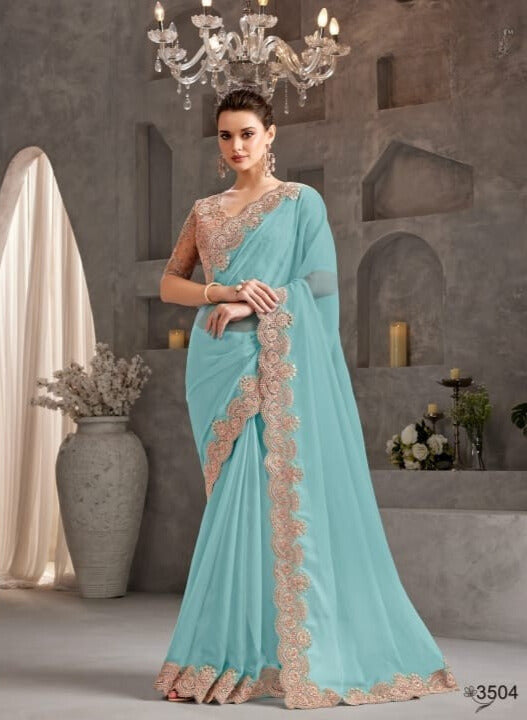 Shimmering Silk Georgette Fabric Lace Border Work Chiffon Saree