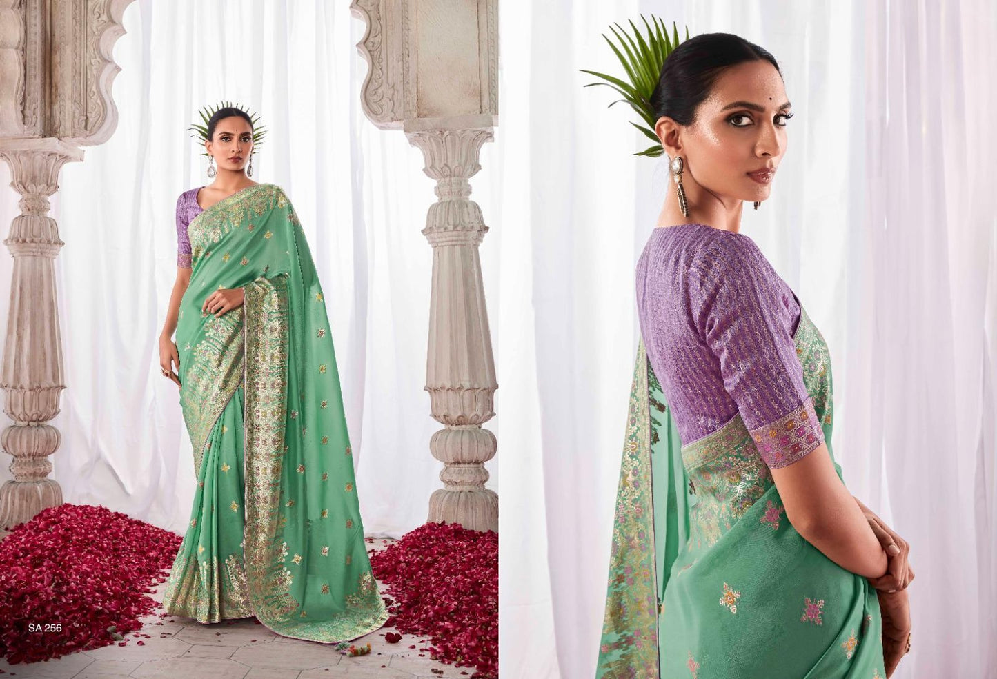 Pure Viscose Dola Silk Saree With Handwork On Blouse And Pallu
