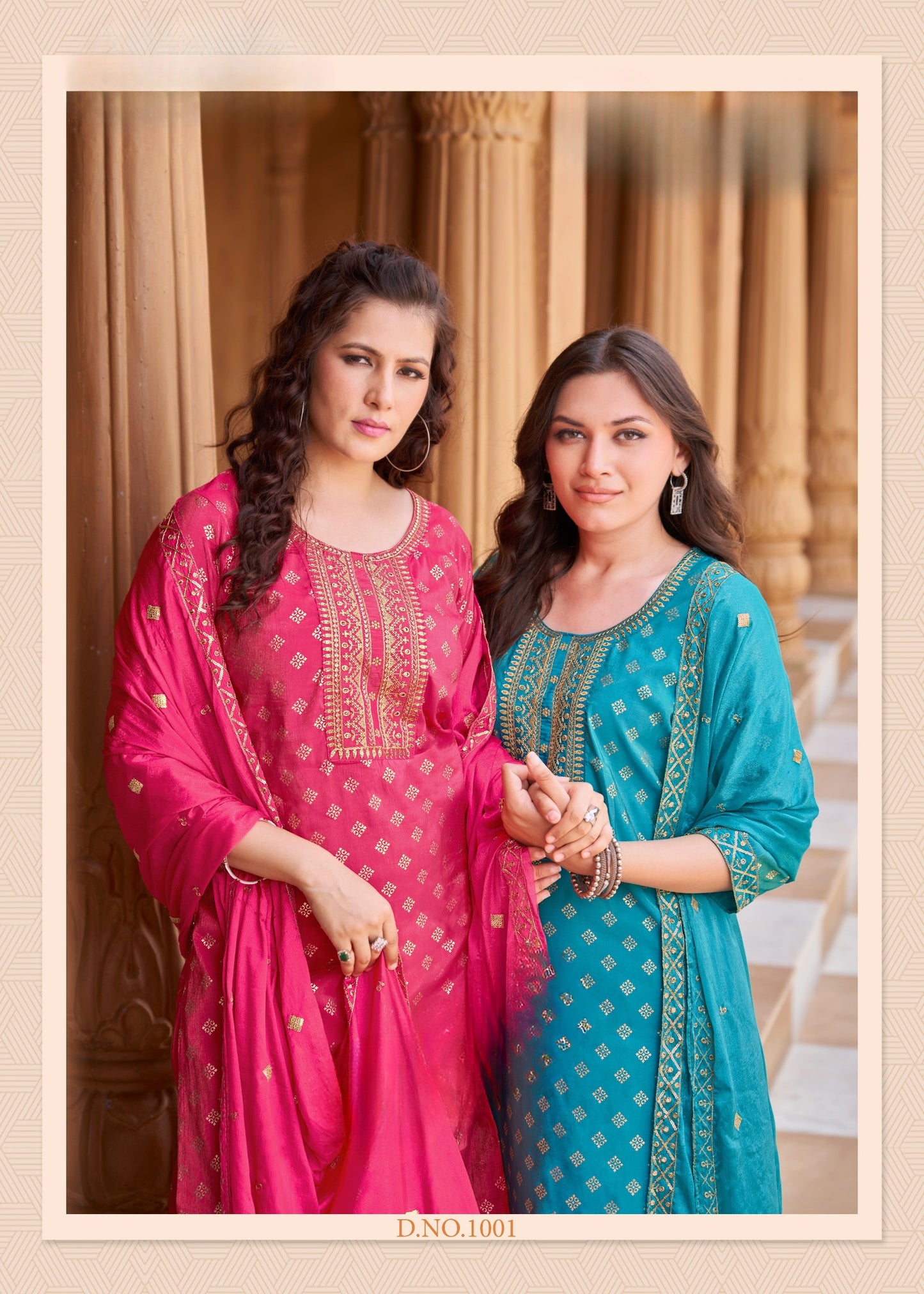 Pure Viscose Simmer Roman Embroidered Kurta with Gold Print Dupatta and Pant