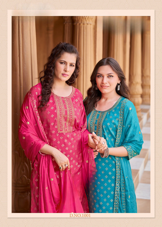 Pure Viscose Simmer Roman Embroidered Kurta with Gold Print Dupatta and Pant