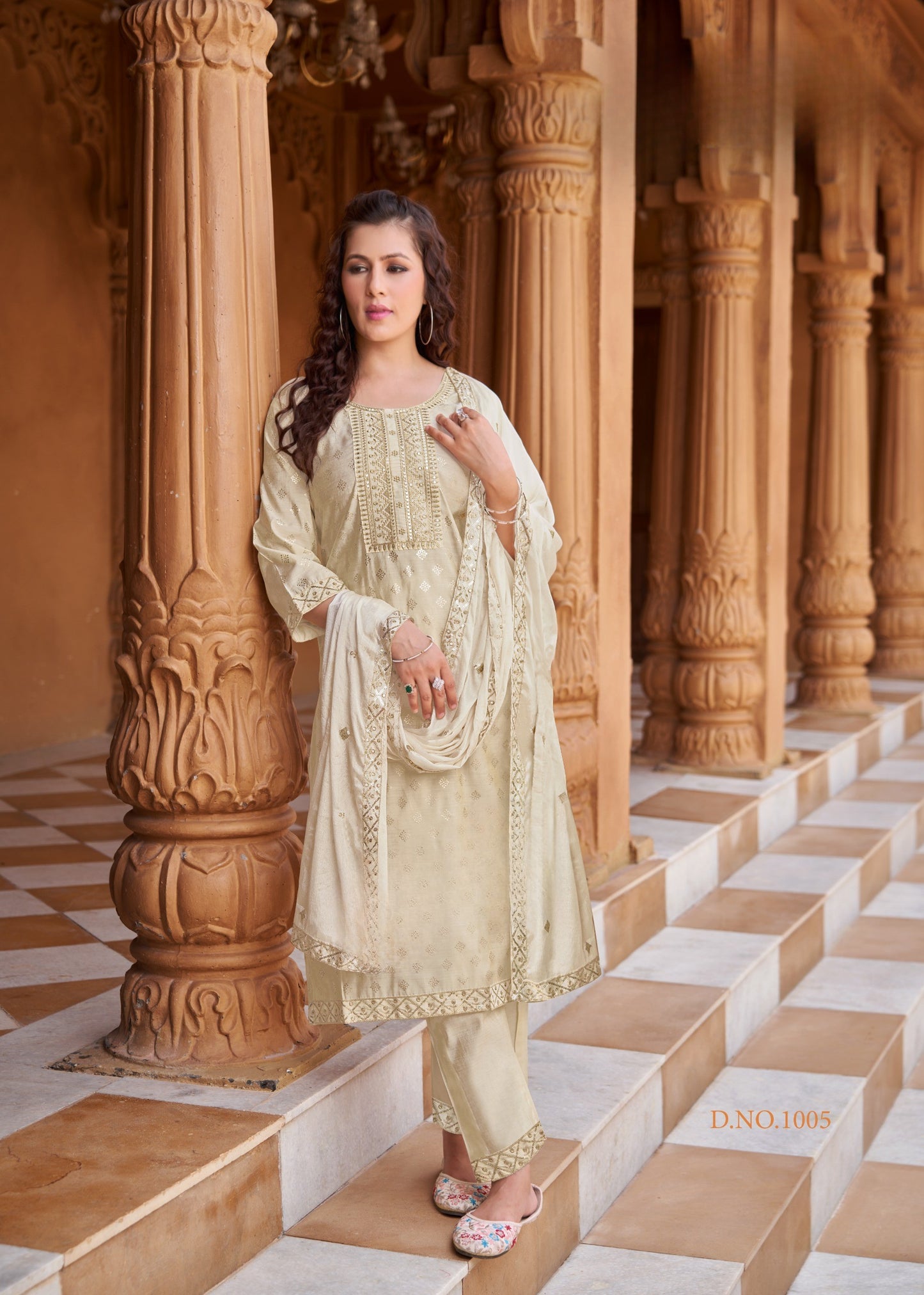 Pure Viscose Simmer Roman Embroidered Kurta with Gold Print Dupatta and Pant