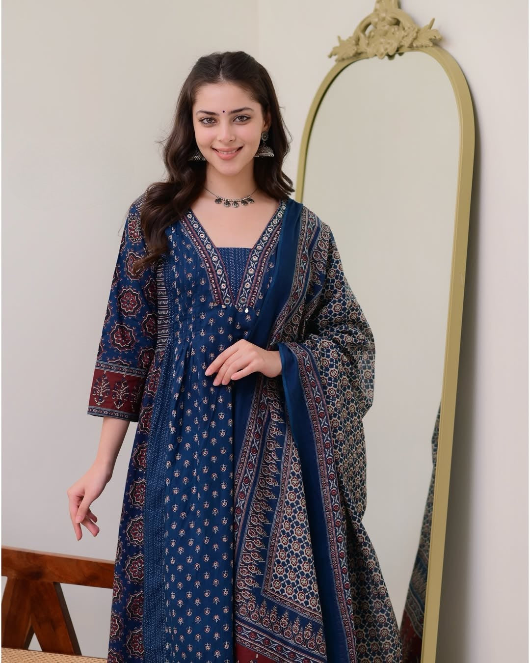 Blue Printed Anarkali Kurta Palazzo & Dupatta