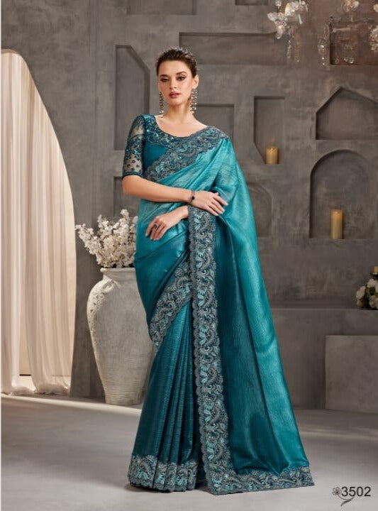 Shimmering Silk Georgette Fabric Lace Border Work Chiffon Saree