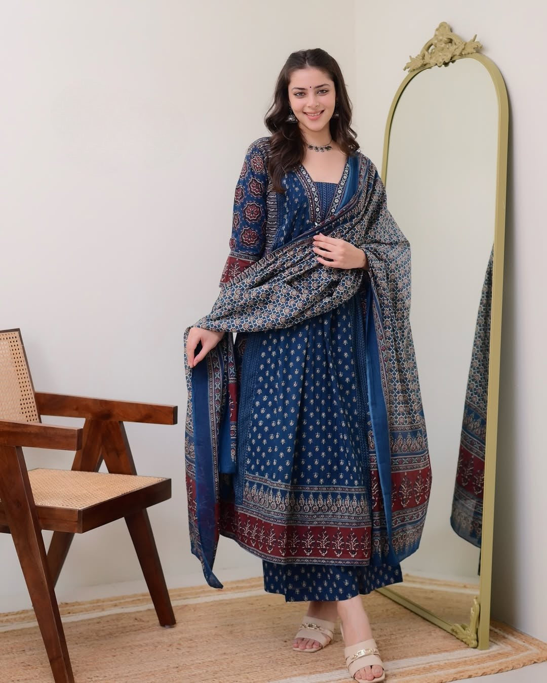 Blue Printed Anarkali Kurta Palazzo & Dupatta